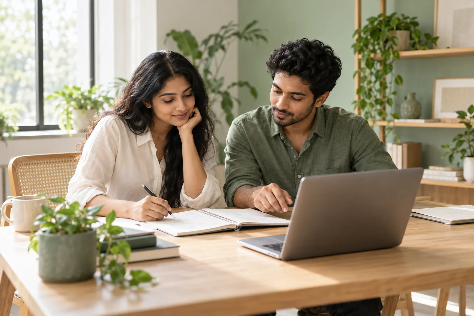 Two teammates reviewing their work together